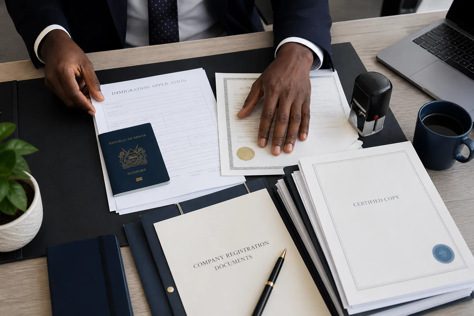 Legal professional organizing immigration, certified and company documents for review