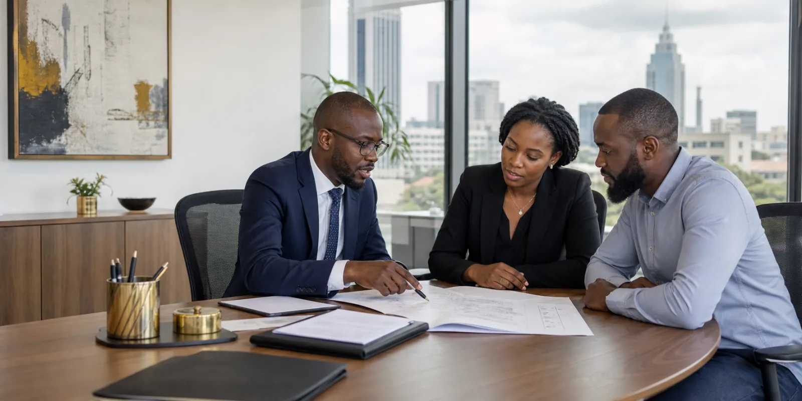 Kenyan corporate lawyers and a client reviewing transaction documents in a Nairobi office